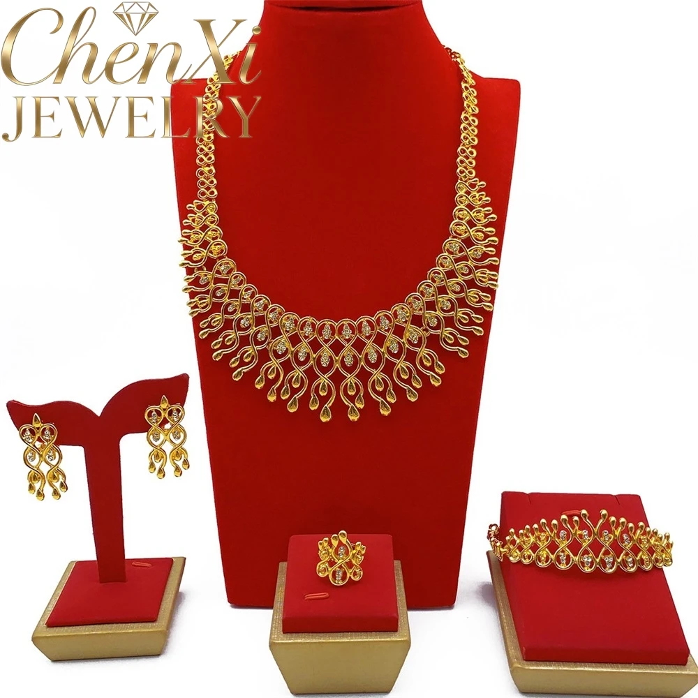 High-End Luxury Alluvial Gold Tassel Fashion Popular Jewelry Set Women Wedding Party Banquet Necklace Earrings Ring 4pcs Gift