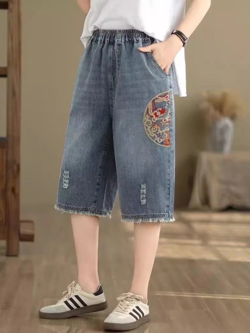 新しい中国風の刺繍スキニージーンズ女性の夏の薄いハイウエストルーズカジュアルワイドレッグパンツ 7-5 ブーツカット