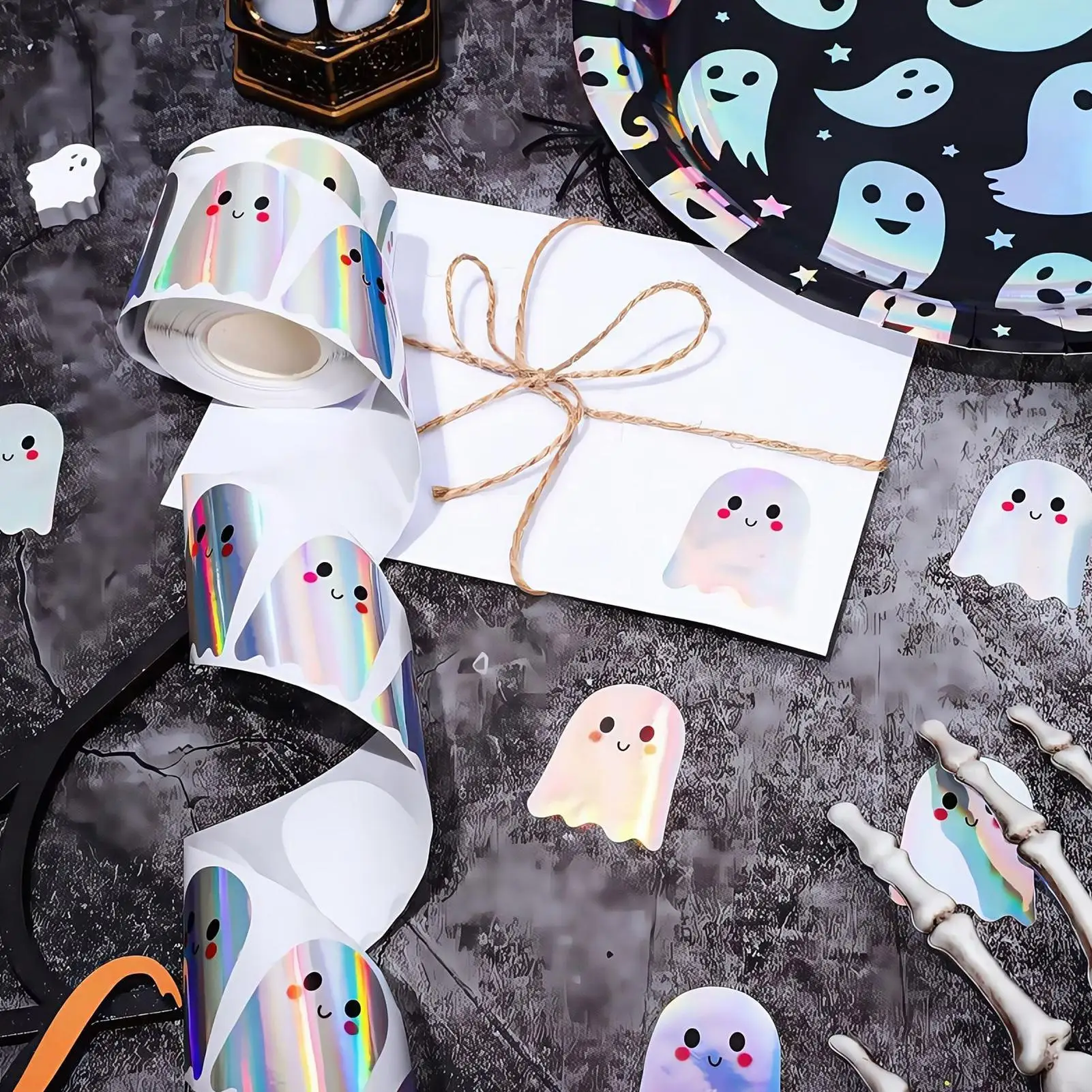 1 rotolo di adesivi fantasma laser carini Adesivi sigillanti fantasma carino Carta autoadesiva Adesivi per decorazioni di Halloween di Halloween