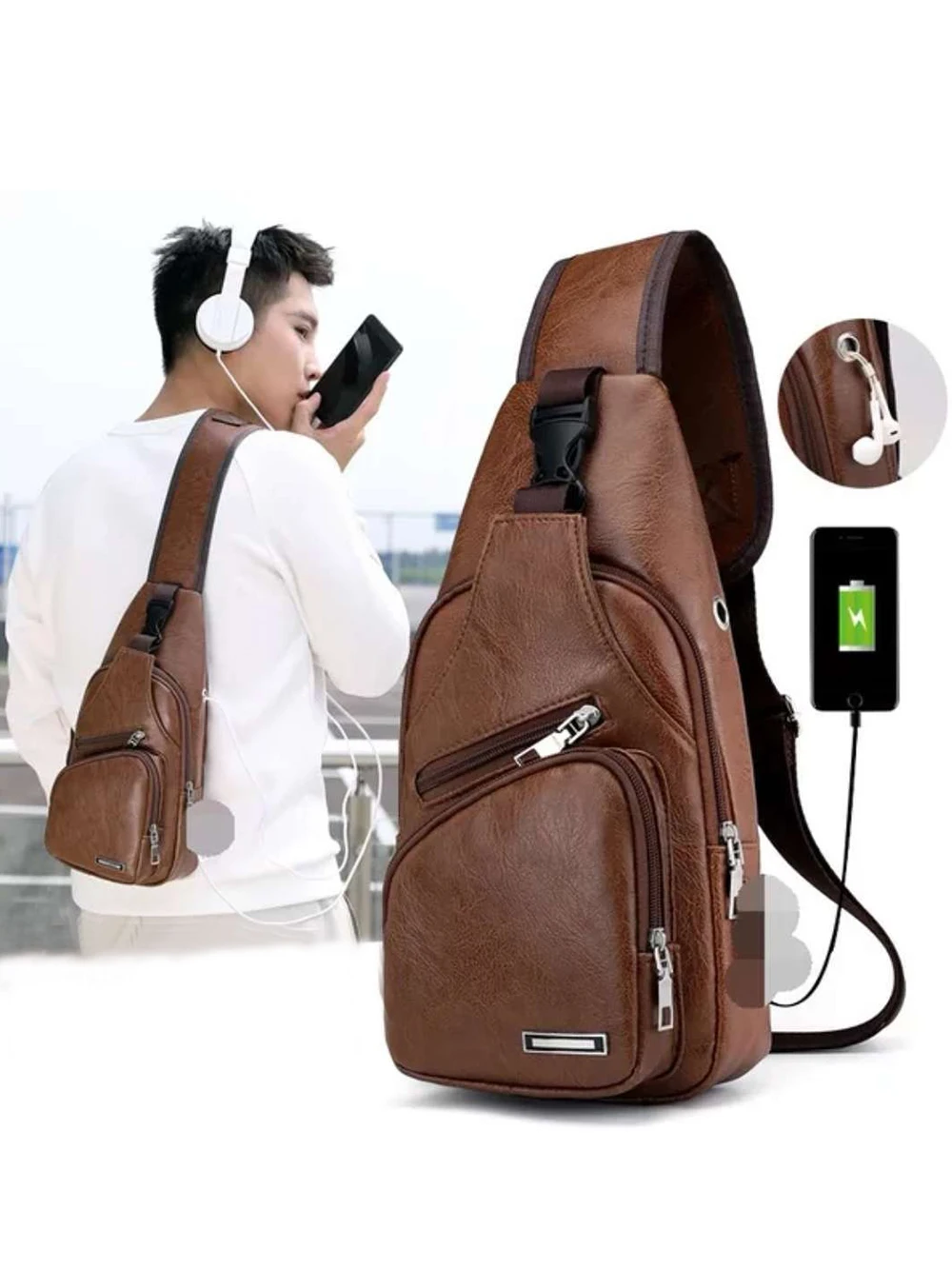 Einfache und modische, einfarbige PU-Multifunktions-Umhängetasche mit USB-Ladefunktion für Herren, ideal für den Arbeitsweg. – Detail 2