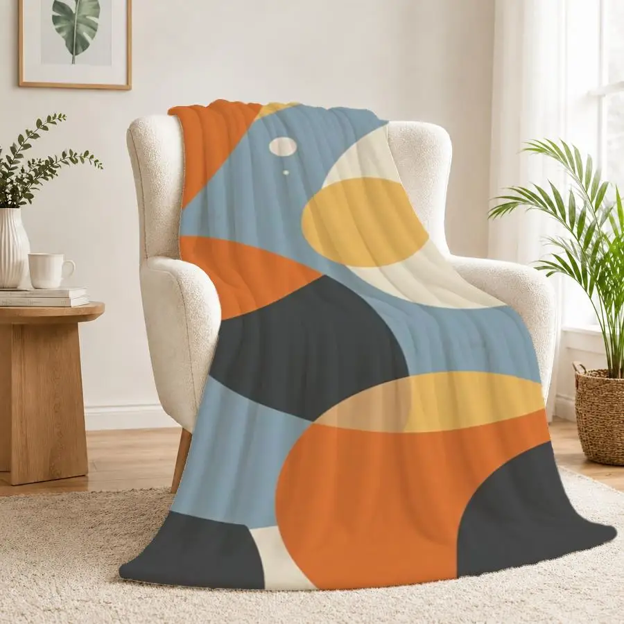 Mid-Century Modern Abstract Throw Blanket - Soft Flannel with Warm Orange & Blue Geometric Shapes, Cozy Decor for Couch, Bed & Office, Machine Washable Gift for Family Weighted Blanket 280GS - view 3