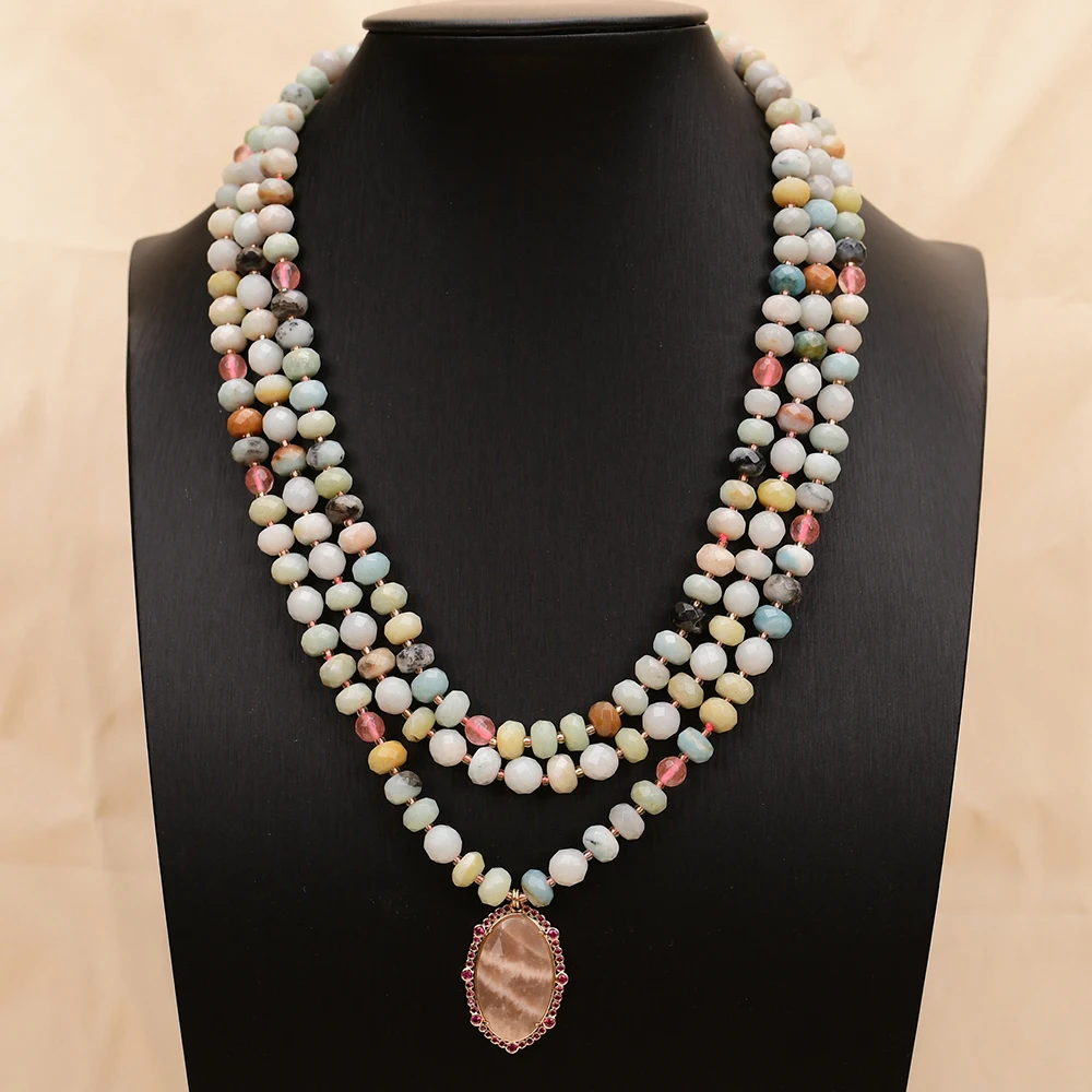 APDGG A15 Handmade 3 Rows Natural Mix Stone  Amazonite Agate Sunstone Pendant Multi Strands Necklace