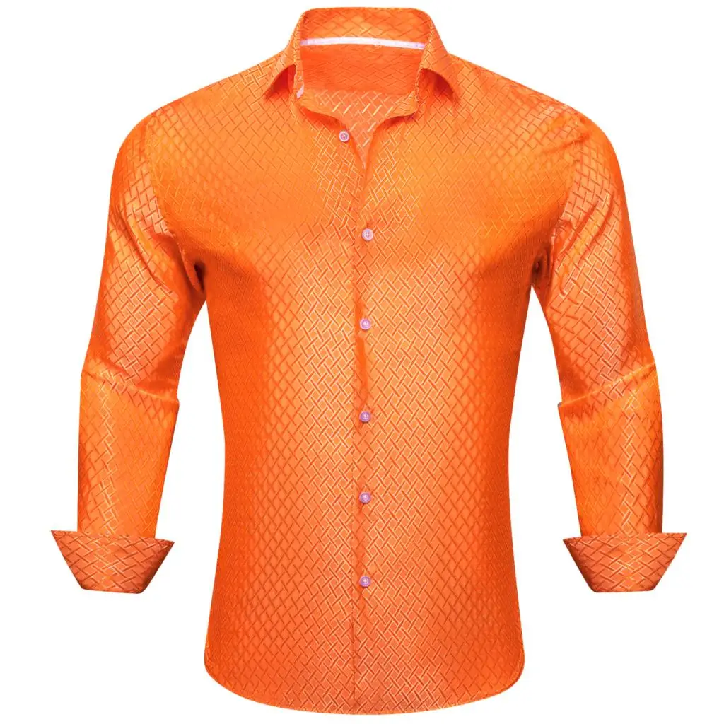 Luxury Silk Shirts for Men Satin Orange Solid Long Sleeve Slim Fit Male Blouse Casual Formal Tops Breathable Barry Wang