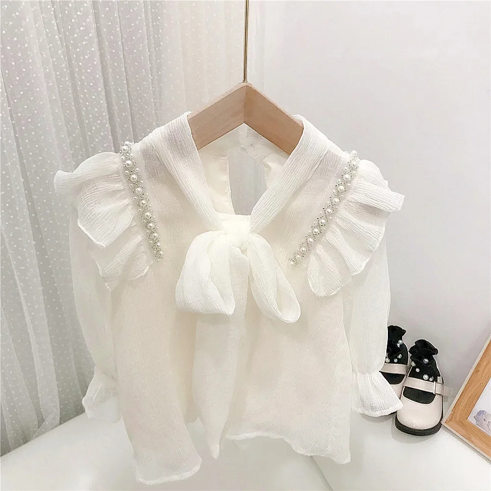 Crianças roupas meninas primavera outono doce pérola chiffon arco camisa boneca camisa fina estilo coreano meninas doce camisa e saia conjunto