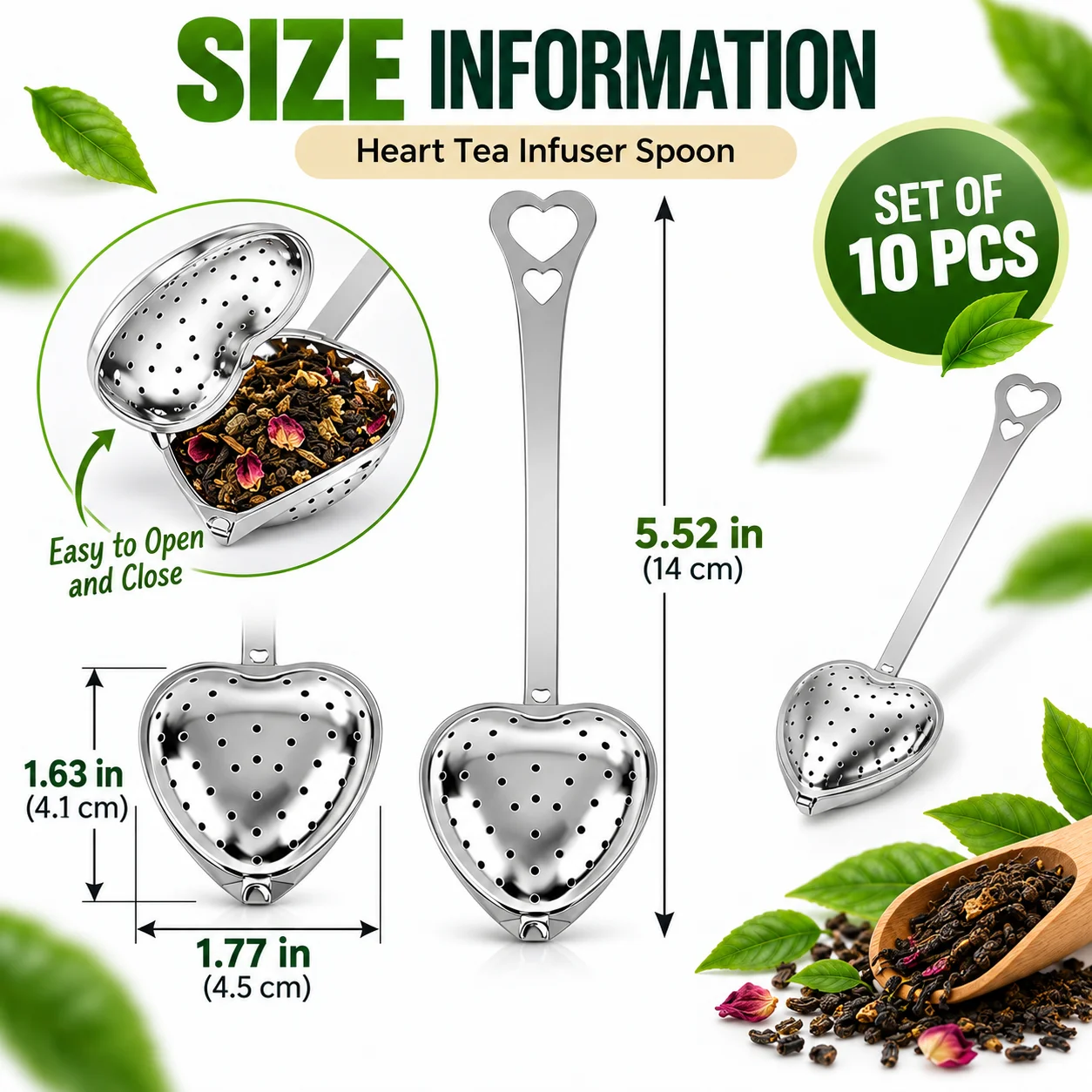 10PCS Loose Tea Spoon, Heart Tea Steeper, Fine Mesh Strainer 10Pcs