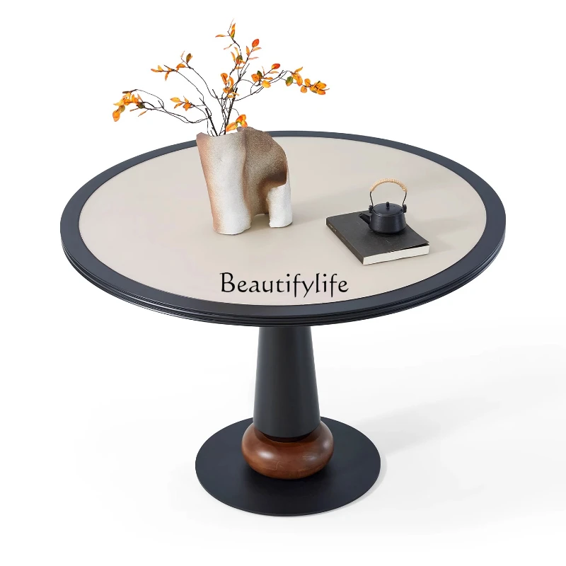 2French retro round pure white rock slab dining table in the ancient style minimalist small apartment