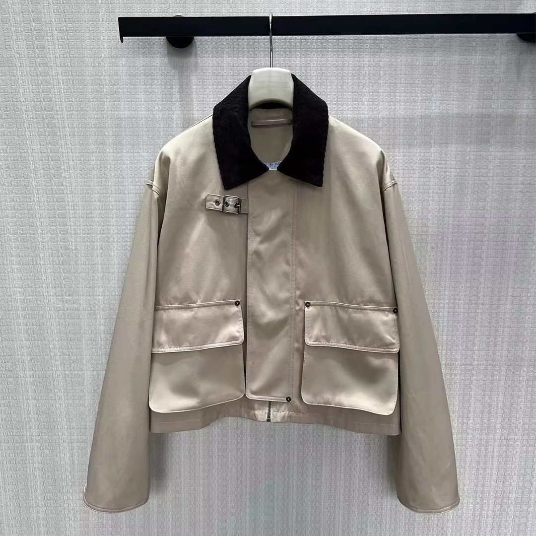 2026 New Autumn Fashion Safari Style Big Pockets Jacket Women Corduroy Lapel Spliced Zipper Long Sleeve Khaki Casual Loose Coat