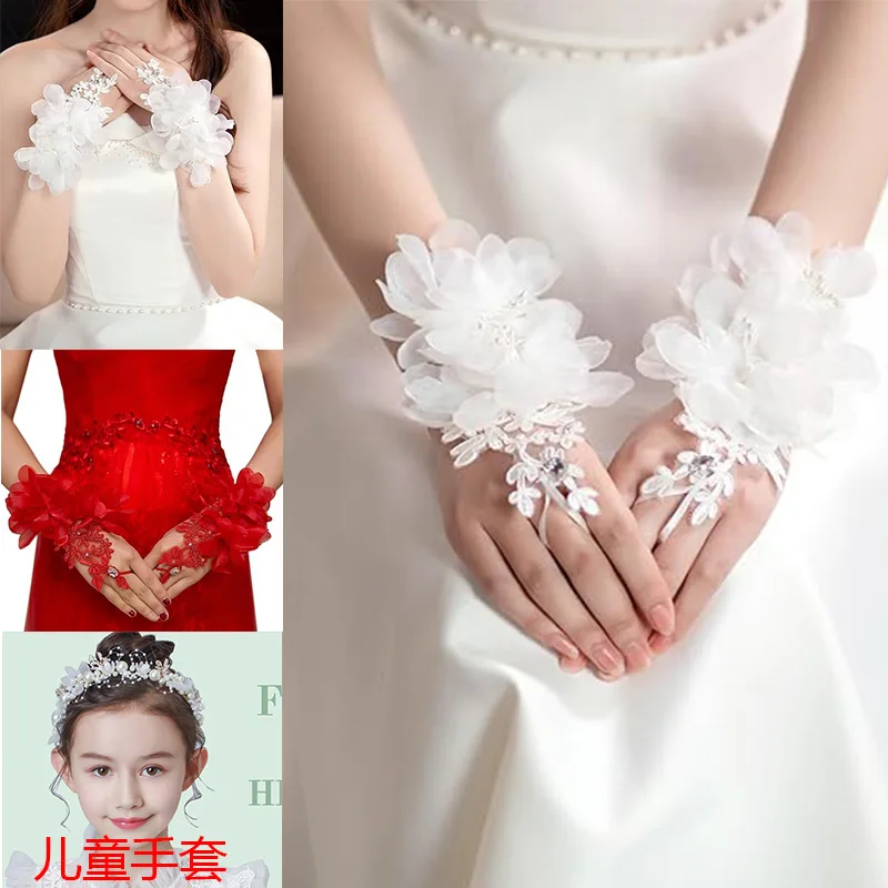 Gloves Kids Flower Girl White Lace Short Fingerless Forest Bridal Party Stage Show Child Size Soft Lightweight Elegant Dance Use