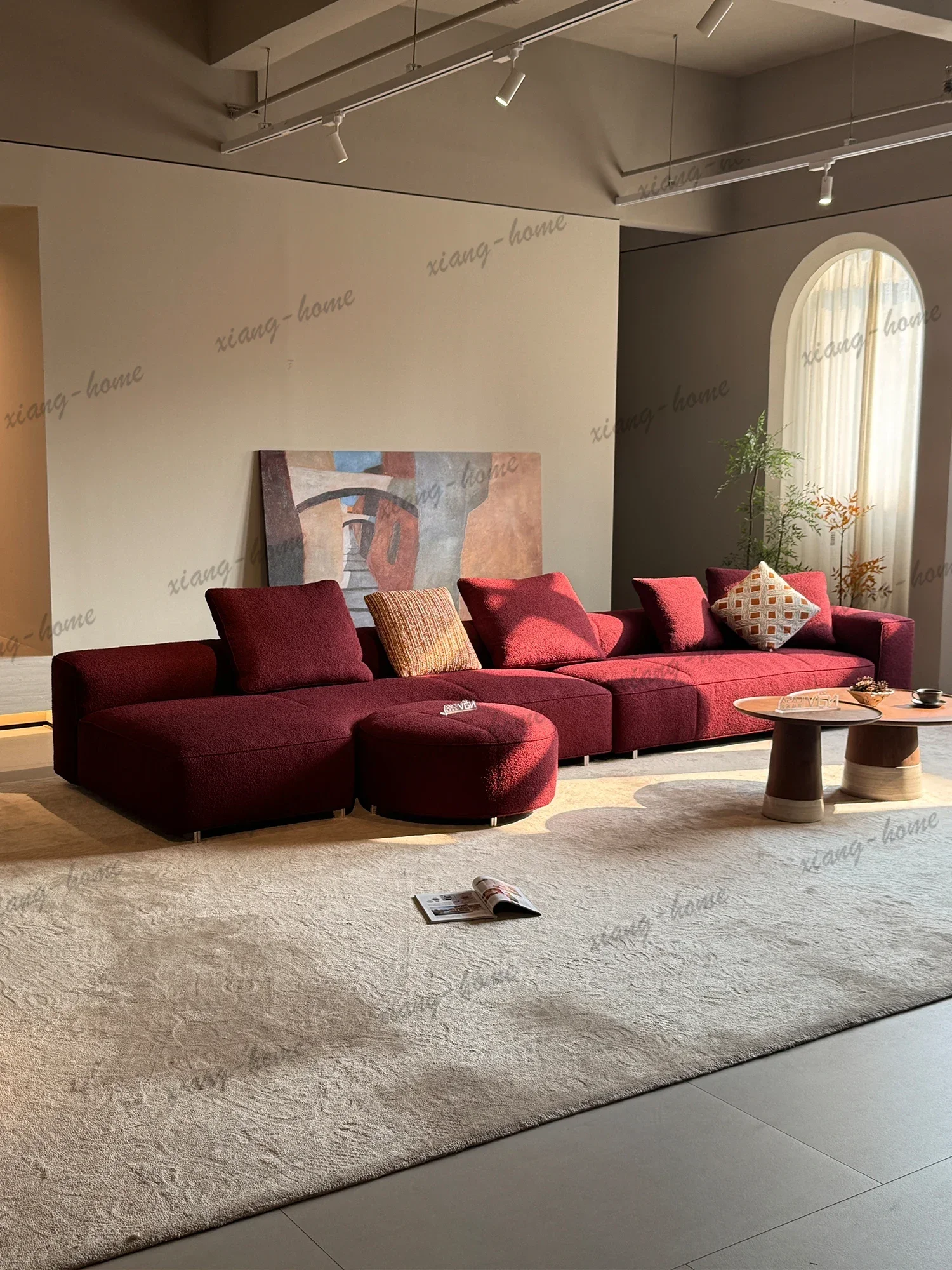 Burgundy Boucle Modular Sectional Sofa With Chaise Round Ottoman Pillow Backrest Metal Legs Deep Seat For Living Room Villa Home