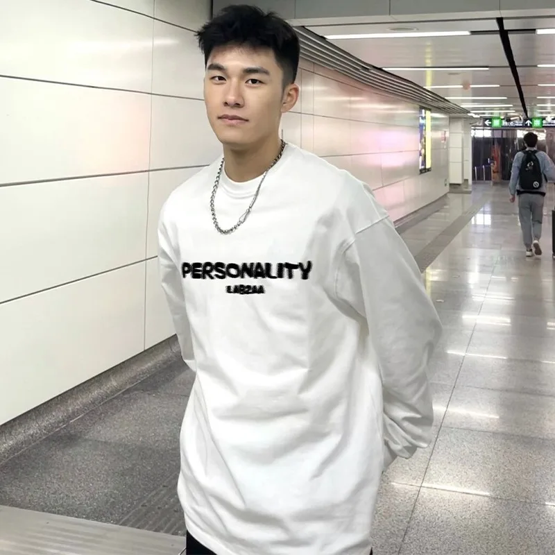 الأمريكية غير الحقيقية إلكتروني تي شيرت مطبوع الرجال 100% القطن المعتاد الأبيض س الرقبة طويلة الأكمام فضفاضة تي شيرت رياضي Y2k أفضل الرجال الملابس