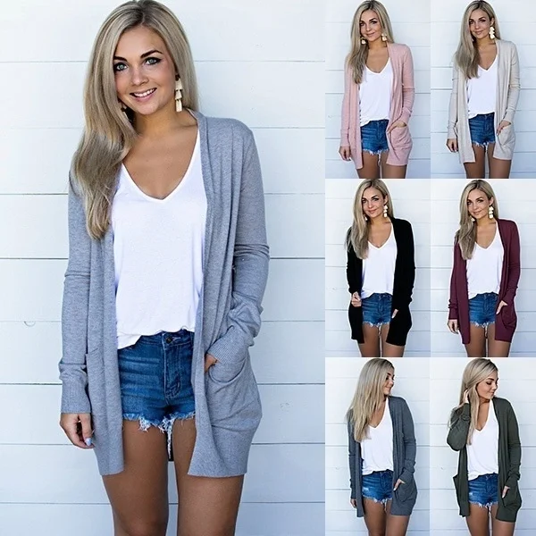 

Весенне-осенний женский длинный вязаный кардиган, обычный тонкий, без воротника, средней длины, настраиваемый дизайн, майка