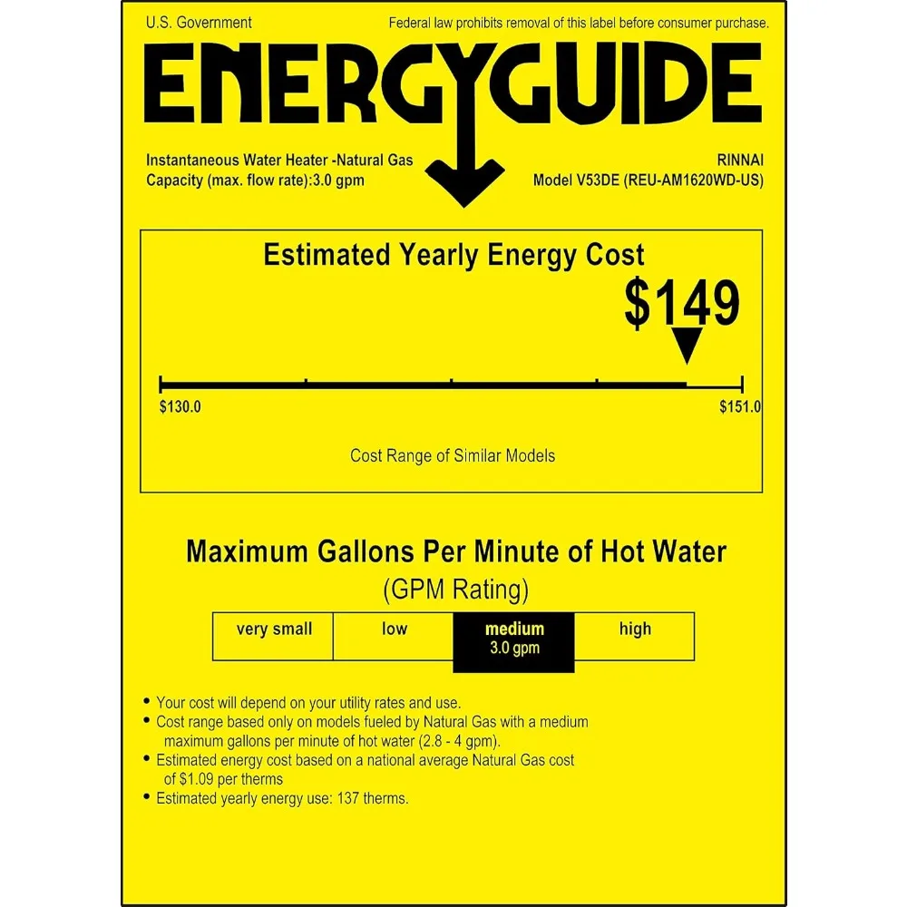 Calefator de água quente tankless, 5.3 GPM, gás natural, a instalação exterior