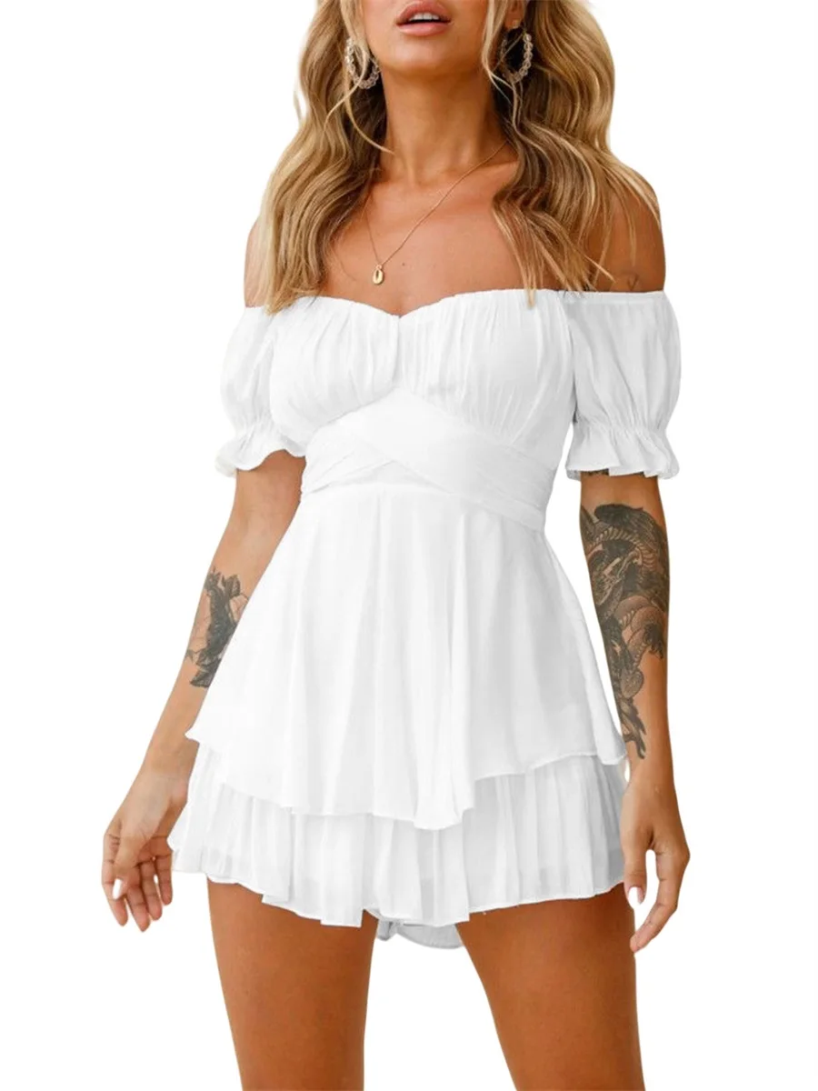 Women Off the Shoulder Ruffle Short Jumpsuit Summer Layered Short Sleeve Romper Wide-leg Pants with Lace-up Back Playsuits