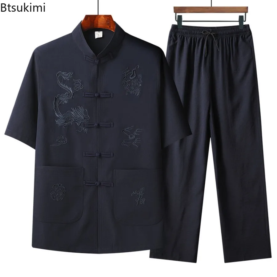 Summer Chinese Style Embroidery Tang Suit Men\'s Stand Collar Shirt and Pants Loose Casual Han Fu Two-pieces Men Tai Chi Outfits