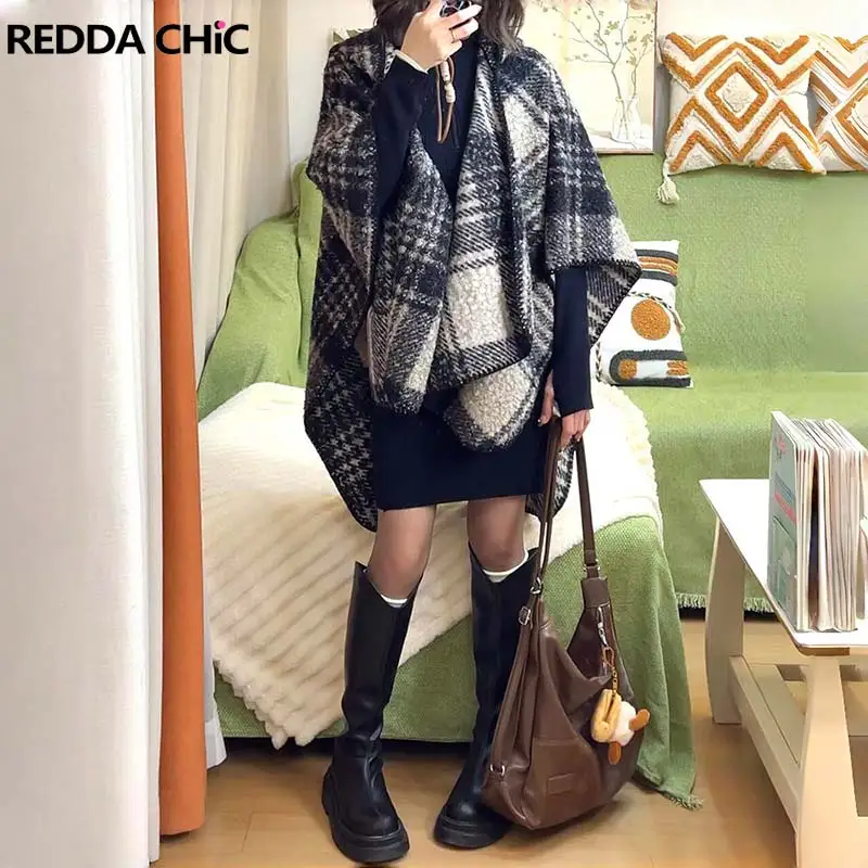 ReddaChic Women Open Front Hooded Poncho Sweater Fall New In Cover Up Tartan Black Asymmetric Warm Cape Top Retro Causal Outwear