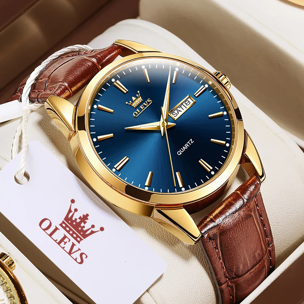 OLVES Top Brand Men\'s Watches Original Simple Blue Face Quartz Wristwatch for Man Waterproof Leather Strap Business Watch Casual