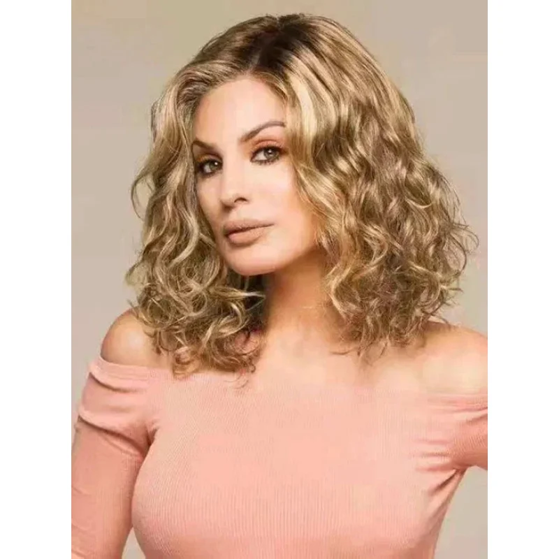 

100% Human Hair New Fashion Women's Medium Blond Brown Wavy Bob Wigs 12 Inch