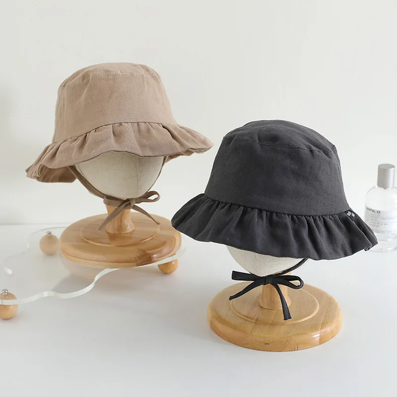 

Корейская детская панама с рюшами, хлопковая регулируемая шапка в рыбацком стиле для малышей, летняя однотонная детская шляпа от солнца для мальчиков и девочек