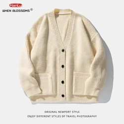 Korean Fashion Streetwear Single Breasted Cardigan Autumn Winter Solid Men's Knit Coat  Pockets Casual Sweater Cardigans