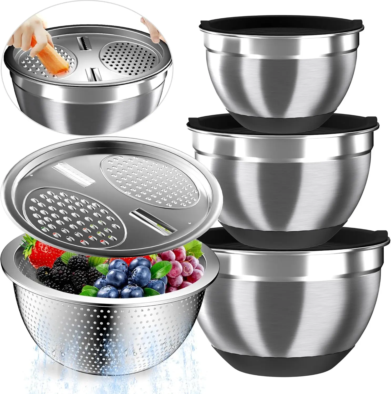 

Stainless Steel Mixing Bowls with Lids, 3 Nesting Sizes, Colander & Grater, Non-Slip, Black