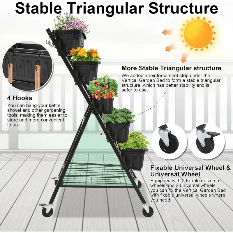 5-Tier Vertical Garden Bed with Lockable Wheels & Storage Rack - 4FT Raised Planter for Indoor/Outdoor Plants