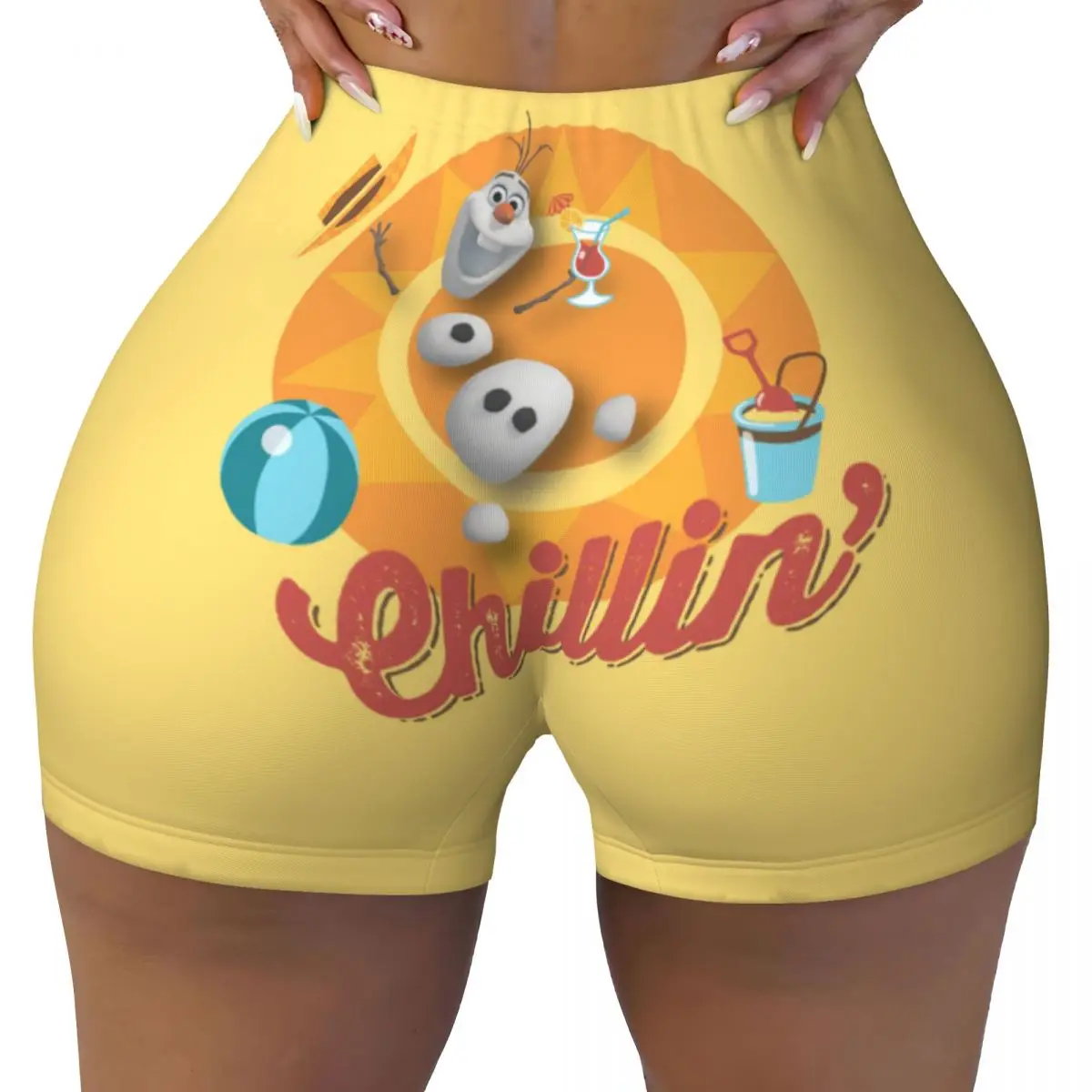 Custom Frozen Olaf Chillin' In Orange Circle Biker Running Gym Shorts Women Athletic Workout Yoga Shorts