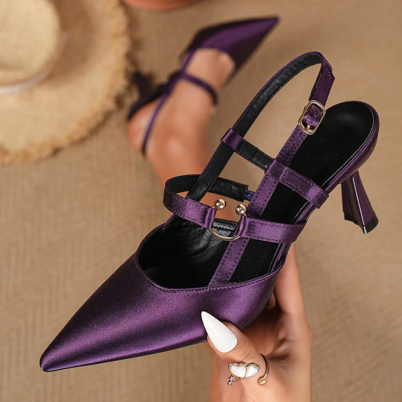 

Sandals, stiletto pointed-toe high heels, metal buckle women's closed-toe shoes