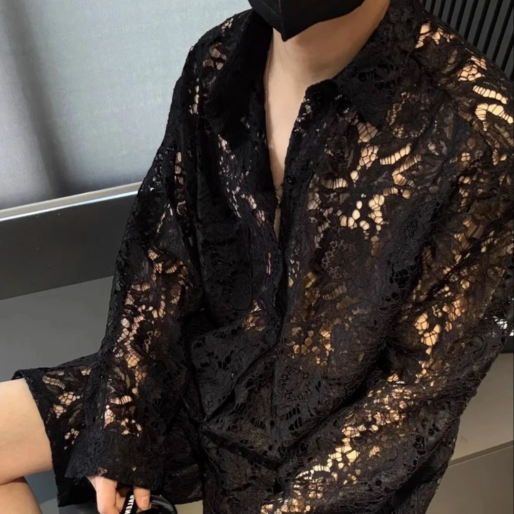 Men's Solid Color Jacquard Hollow Long-Sleeved Set Sexy Retro Fashion Trend Loose Casual Breathable Niche Summer New Men's Set - Image 4