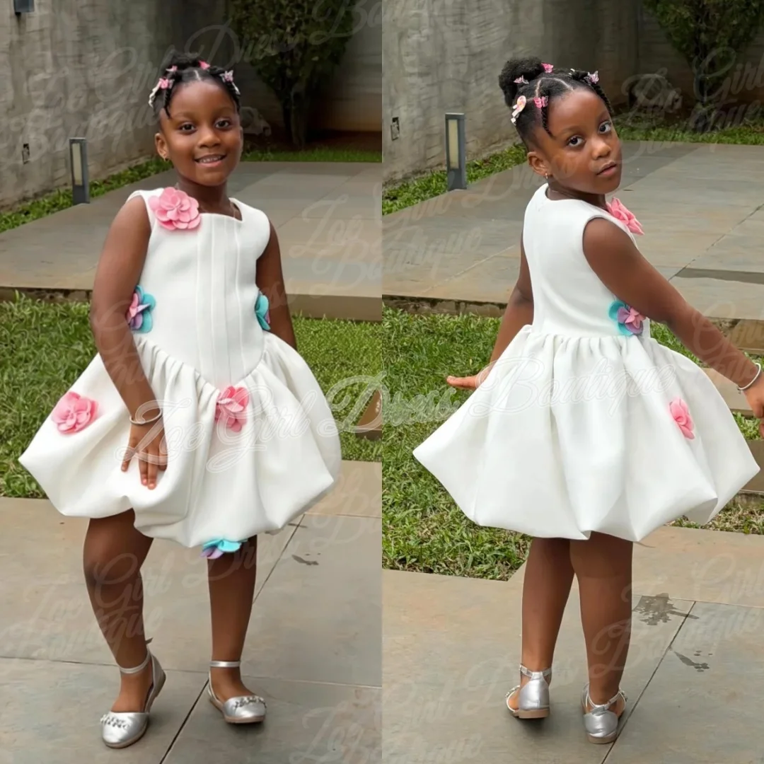 White Satin Sleeveless Flower Appliques Skirt Flower Girl Dresses First Communion Wedding Kids Birthday Party Gowns Customized