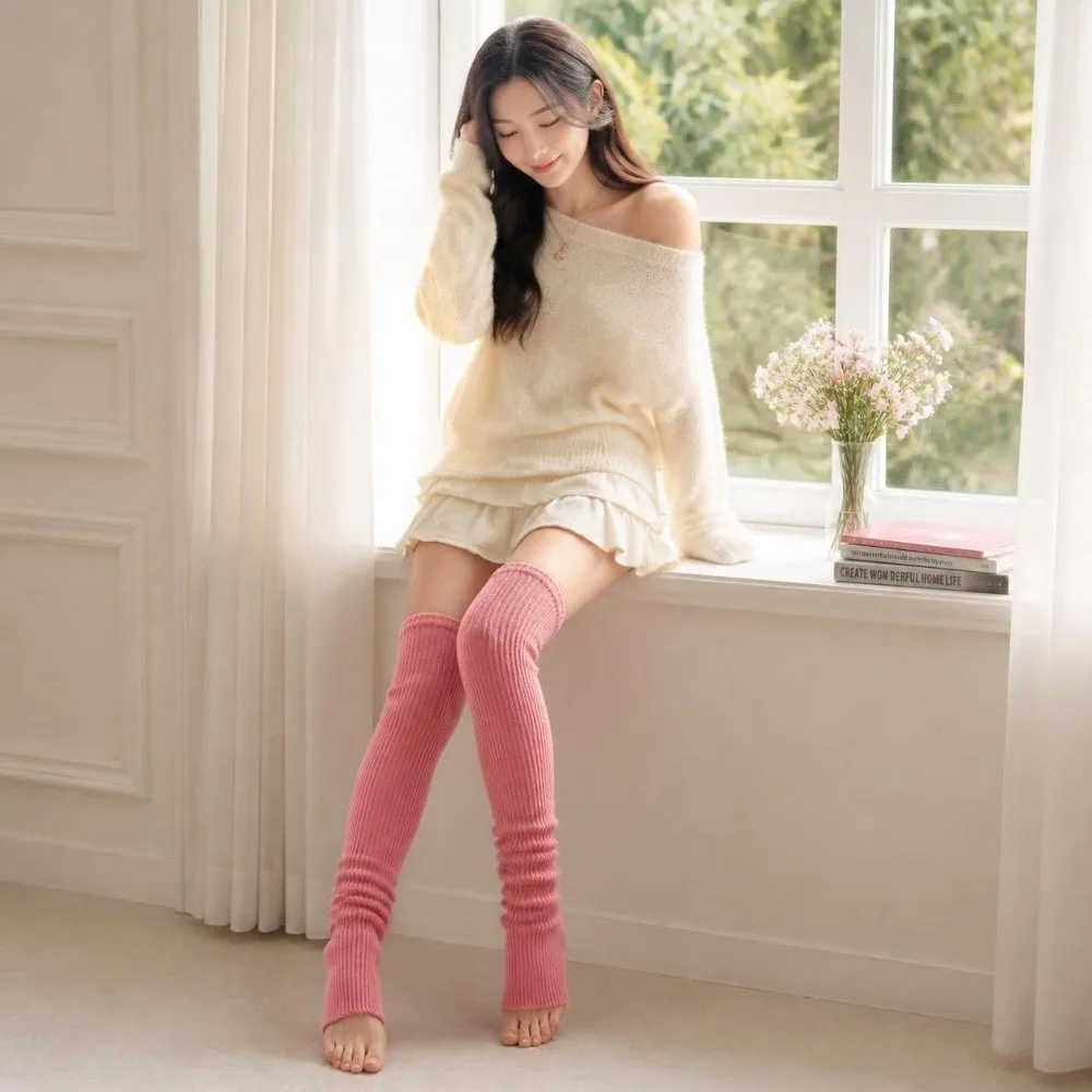 Sweet Knitted Leg Warmers Stripe Multicolor Long Stockings Lolita JK Thickened Warm Leg Cover Autumn Winter