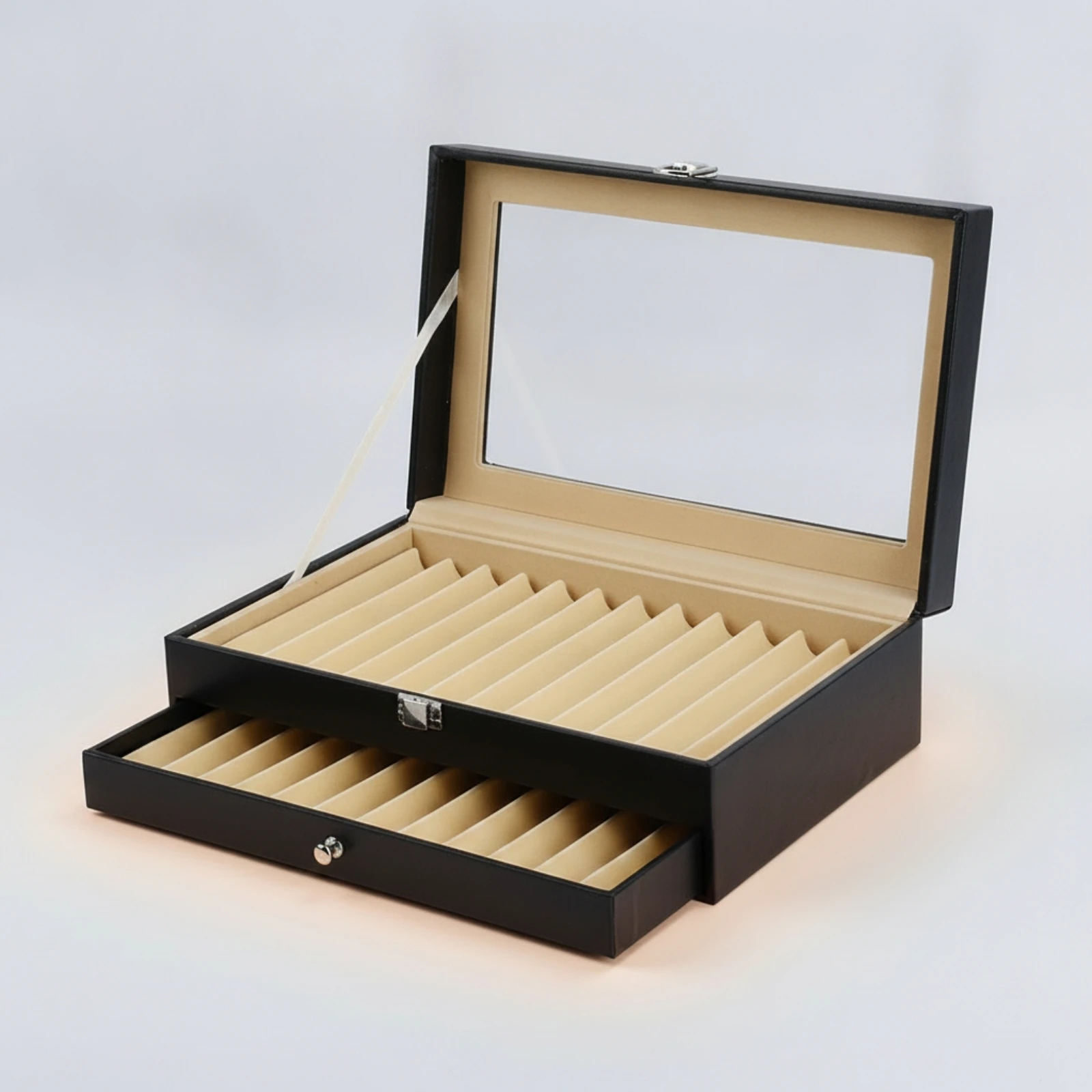 Pen Display Box with Drawer Desktop Pen Storage Box with Drawer Multi-Slot Black for Collectors, Desk, Office