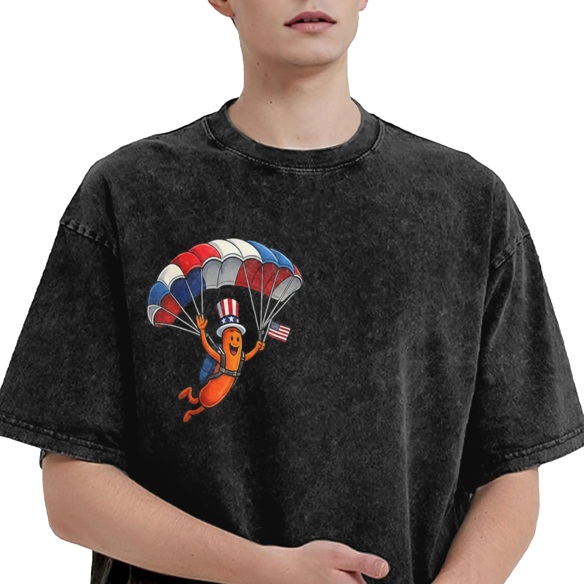 Hotdog Freedom Dive Hot Dog Jumping Into Bun Sausage BBQ  T Shirts Hip Hop Washed Short Sleeve Oversize T-Shirt