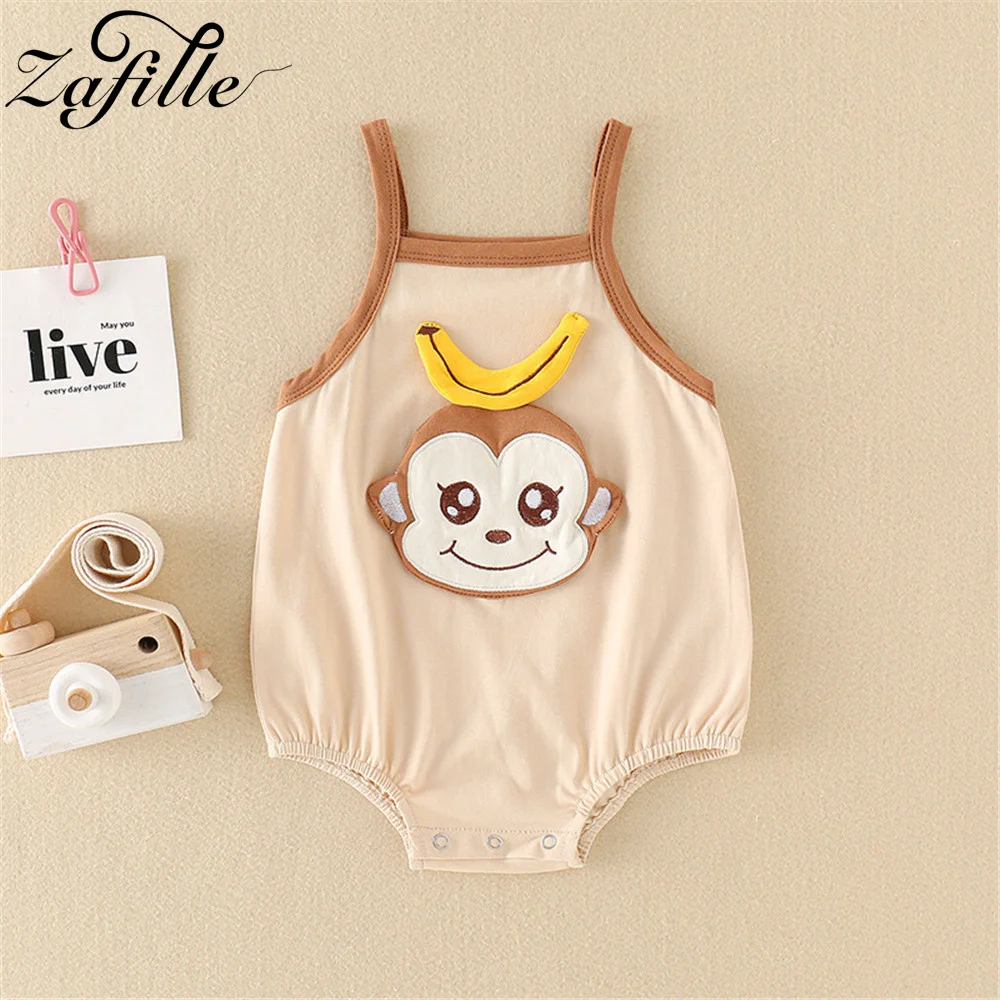 ZAFILLE Sling Bodysuit Girls Clothes Summer Kids Newborns Clothing Cartoon Monkey Toddler Girls Rompers Cute Children Sleepwear