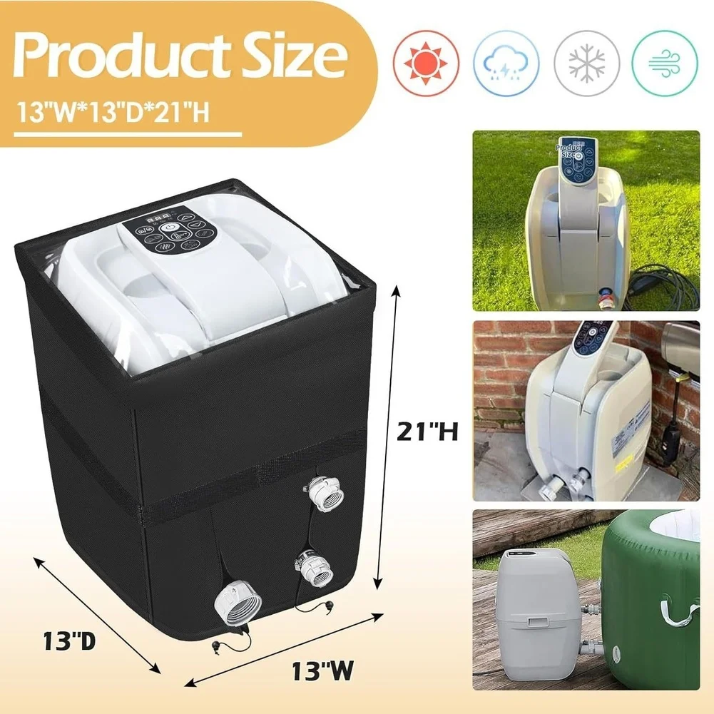 600D Polyester Spa Cover for Heater Pump with Clear PVC Window for Double Zipper Windproof Straps Black 13 13 21inch