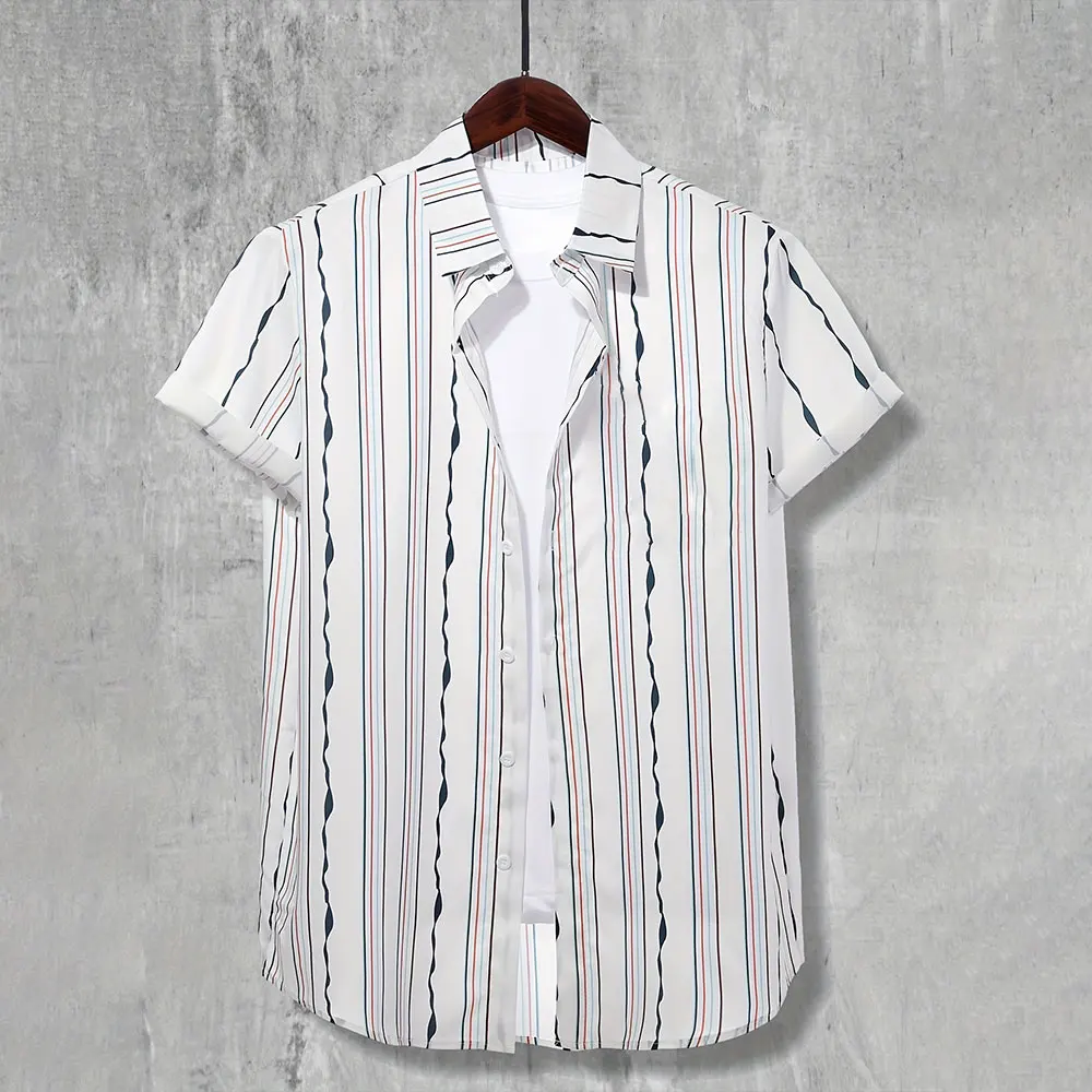 

Men'S Shirt Summer Vacation Loose Casual Top Men'S Plus-Size Lapel Button-Up Shirt Fashion Striped Printed Short-Sleeved Shirt