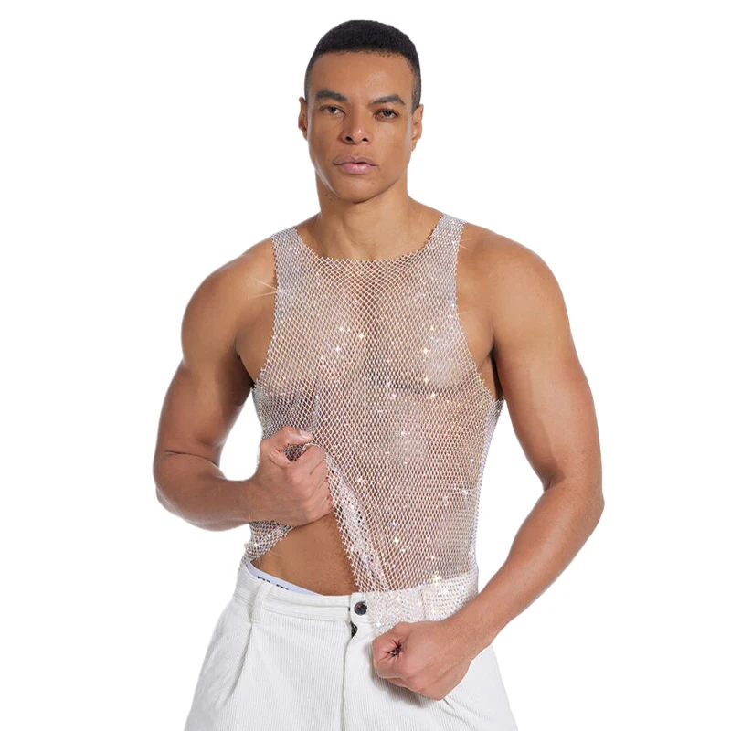 Herren-Tanktop mit glitzerndem Strass-Mesh, durchsichtig, ärmellos, Clubwear, Party-Weste, Herren-T-Shirts und Tanktops, майка мужская – Detail 5
