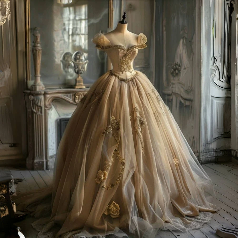 วินเทจแชมเปญพรหมชุดลูกปัดดอกไม้A Ppliquesปิดไหล่T Ulleยาวบอลชุดที่กําหนดเองเจ้าหญิงพรรคสวมใส่