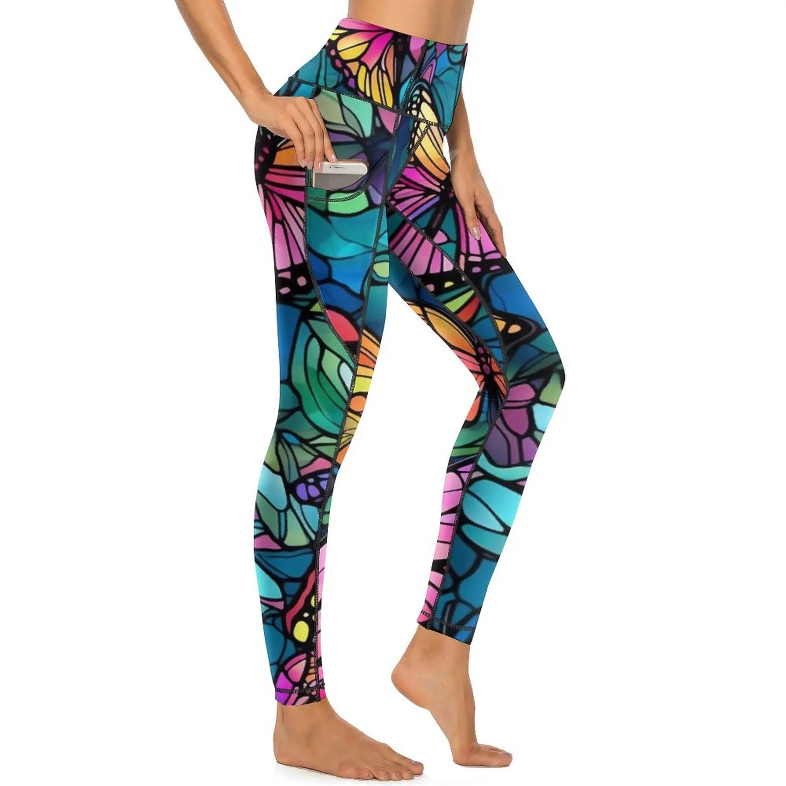 Colorful Butterflies Are Flying Yoga Pants Pockets Leggings Sexy High Waist Funny Yoga Sport Legging Quick-Dry Workout Leggins