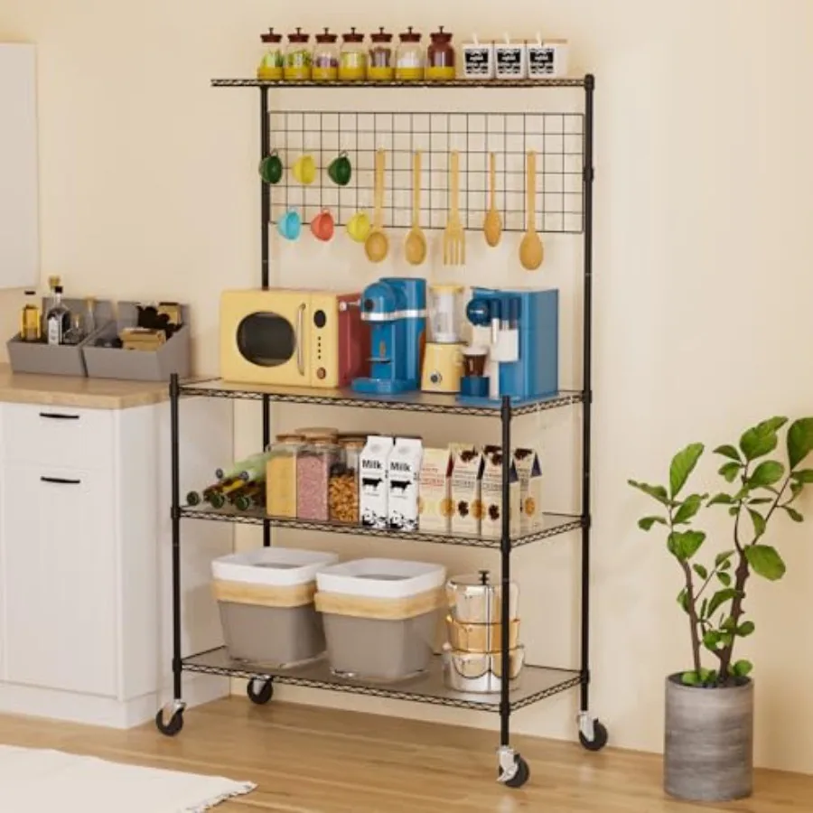 

Kitchen Bakers Rack with Storage Shelf Adjustable Large Microwave Cart with Wheels and 20 S-Hooks 4-Tier 40in Metal Bakers Rack