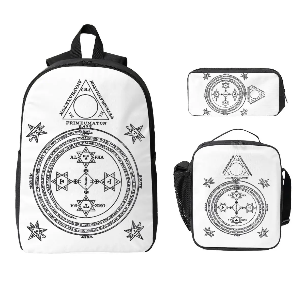 Solomon Circle Goetia Black N White Backpack Boys Girls BookBag School Bag Shoulder Bags 3ps Insulated Lunch Bag Pencil Case