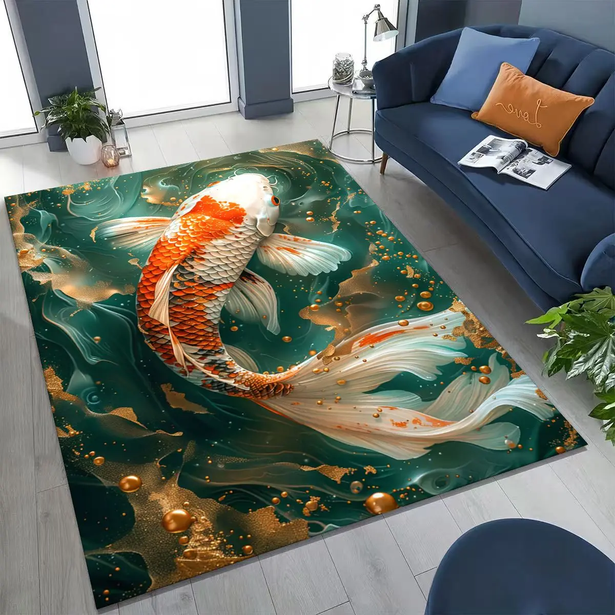 Luxurious Lucky Koi Fish Yin Yang Carp Cartoon Rug for Bedroom Living Room Sofa Home Doormat Decor,Large Kids Non-slip Floor Mat