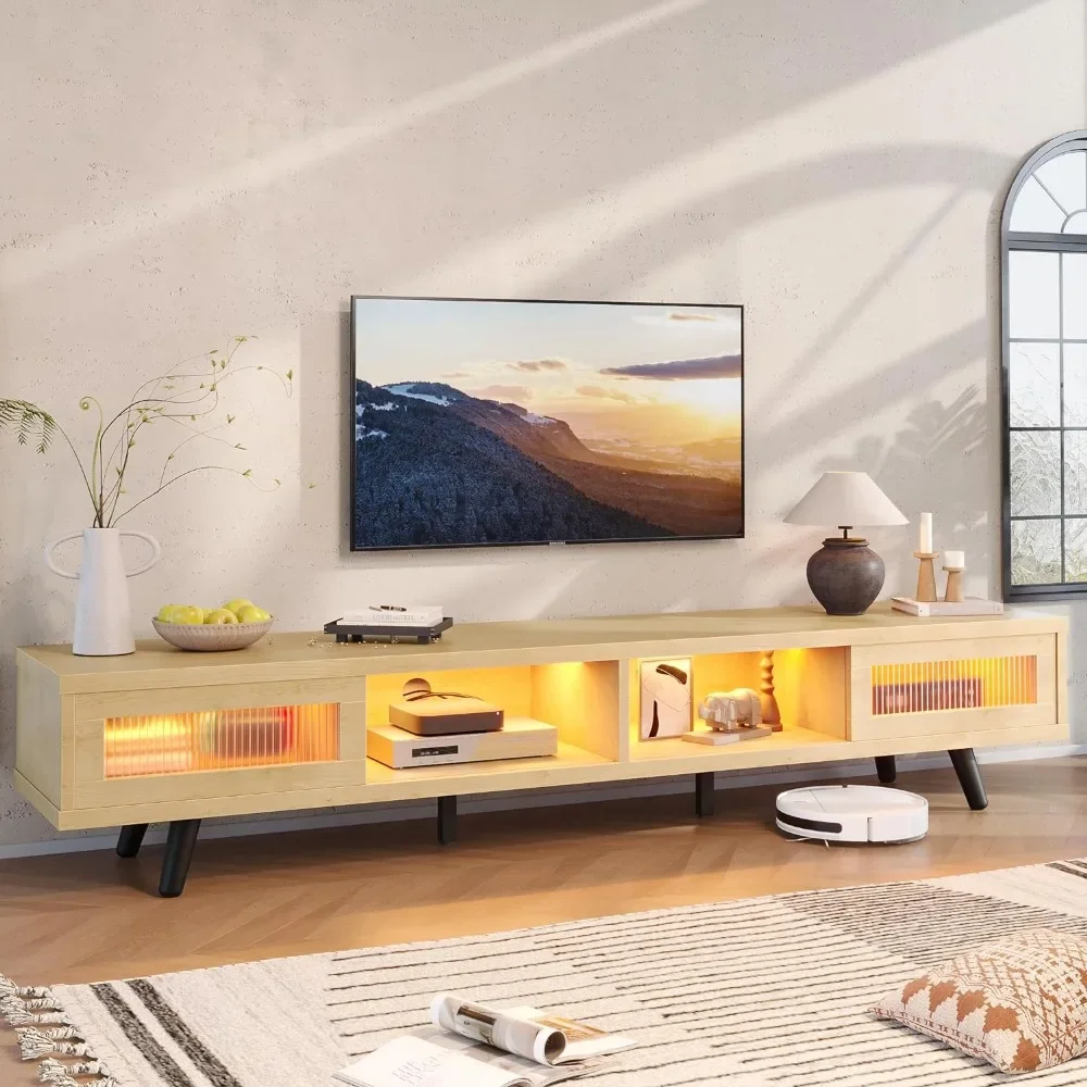 Dudukan TV Modern untuk TV 75 inci, kabinet TV LED dengan penyimpanan & pintu geser, konsol TV profil rendah untuk ruang tamu, Maple putih