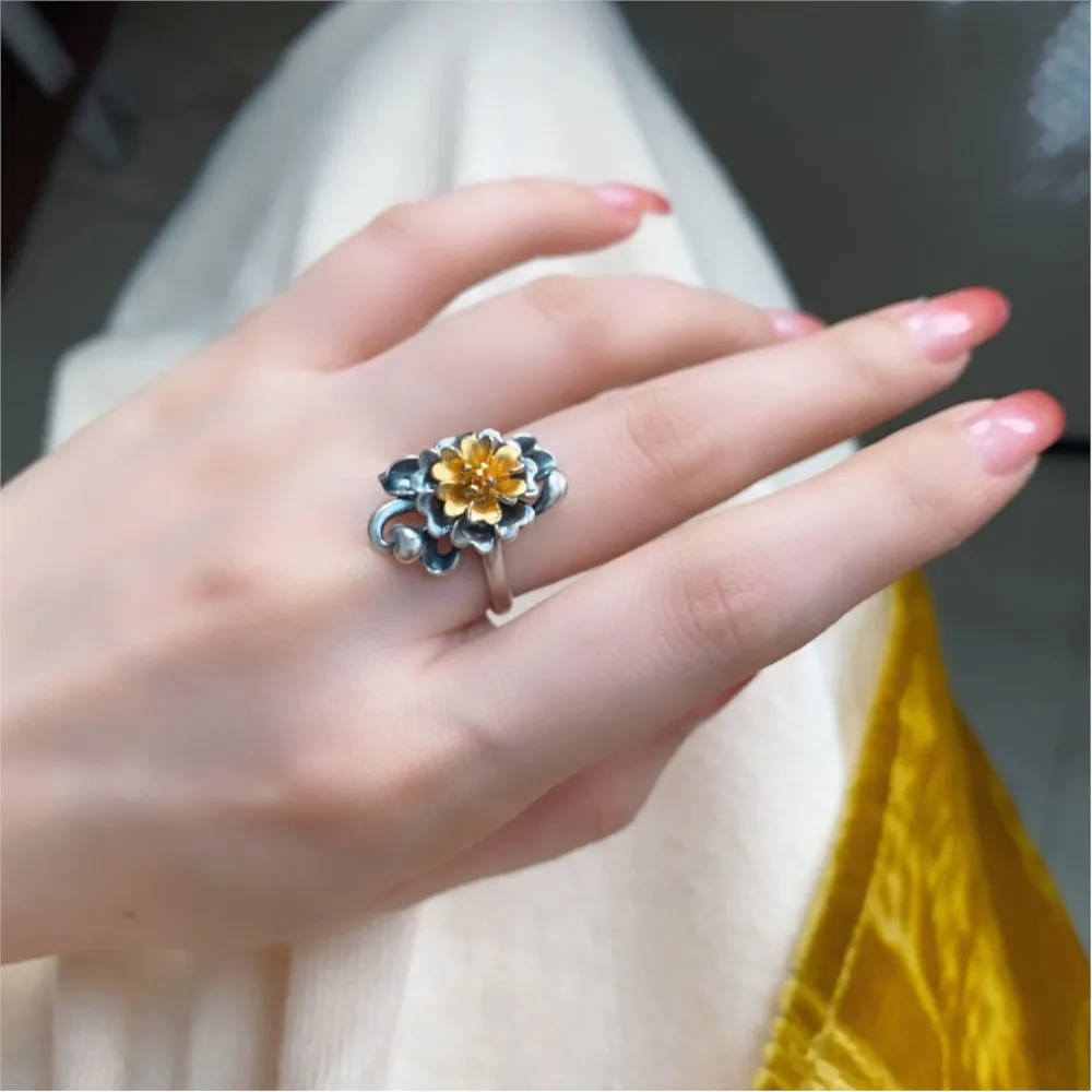

PANJBJ 925 Silver Flower Drip Glaze Ring for Women Irregular Exaggeration Retro Personality Fashion Trend Jewelry Gift Dropship