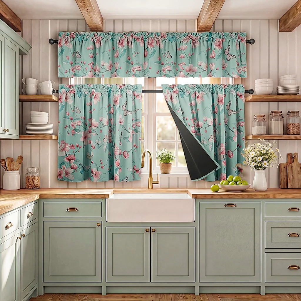 3-Piece Set, French-Style Watercolor Print Kitchen Blackout Curtain Set, Includes One Valance and a Pair of Small Curtains, Beautiful Illustration Print, Fade-Resistant, Ruffled Rod Pocket Design, Easy to Install, Lightweight and Soft, Black Coating Lining, 100% Blackout Effect, Privacy Protection, Polyester Material, Washable, Suitable for All Seasons, Darkens the Room, Suitable for Bedrooms, Living Rooms, Offices, Kitchens, Dining Rooms, Cafes, Dorms