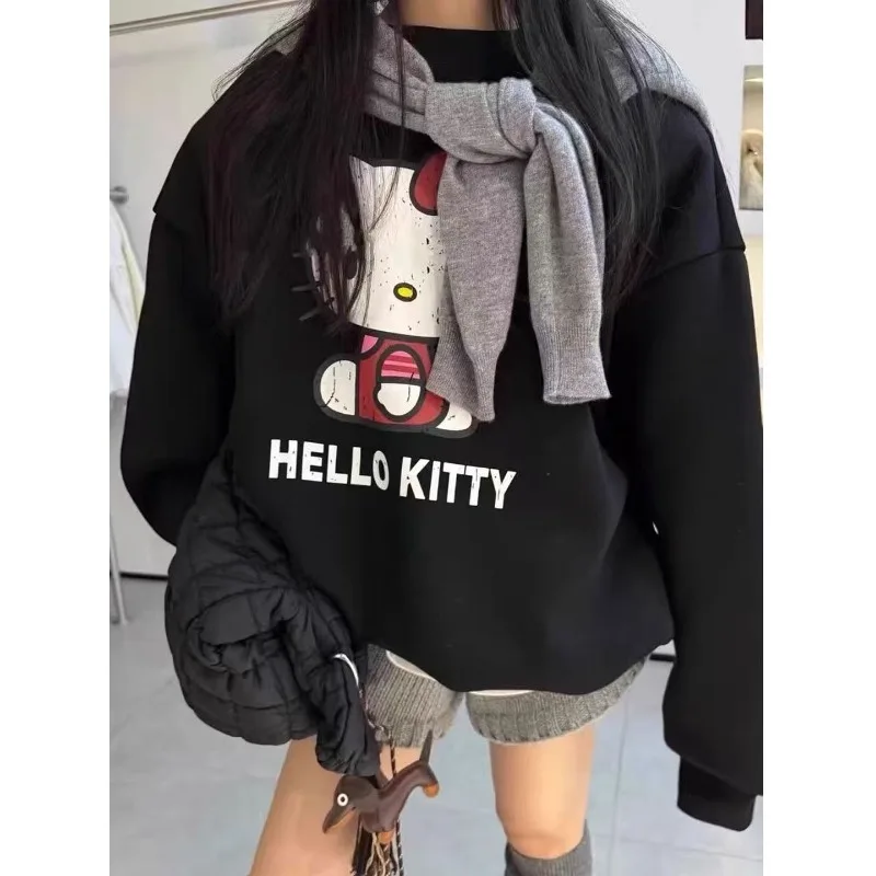 

Женские осенне-зимние толстовки с капюшоном Hello Kitty Merch, винтажная толстовка Y2K, модный пуловер из чистого хлопка большого размера, пальто для отдыха