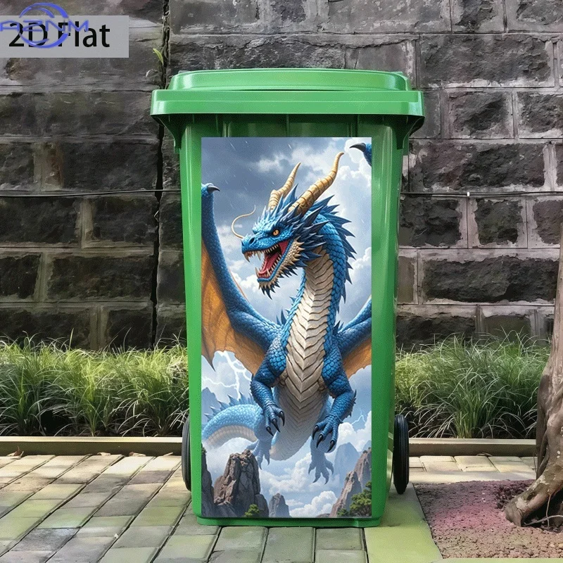 [2D Flat Printing] 1pc Trash Can Sticker [] Roaring Sea Dragon Shaking Heaven Theme Design Self-Adhesive Kitchen Trash Can Dec