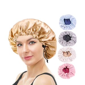 New Women Solid Satin Satin Bonnet For Curly Hair Cap Double Layer Adjustable Sleep Cap Elastic Hair Hat, Haircare Night Hat 10 meilleures ventes de capot noir - No 3