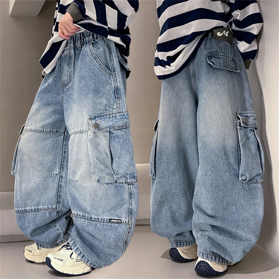 High Quality Kids Heavy Work Baggy Cargo Jeans for Teens Boy Loose Fit Pocket Denim Pants Tweens Child Fashion Jeans Trousers