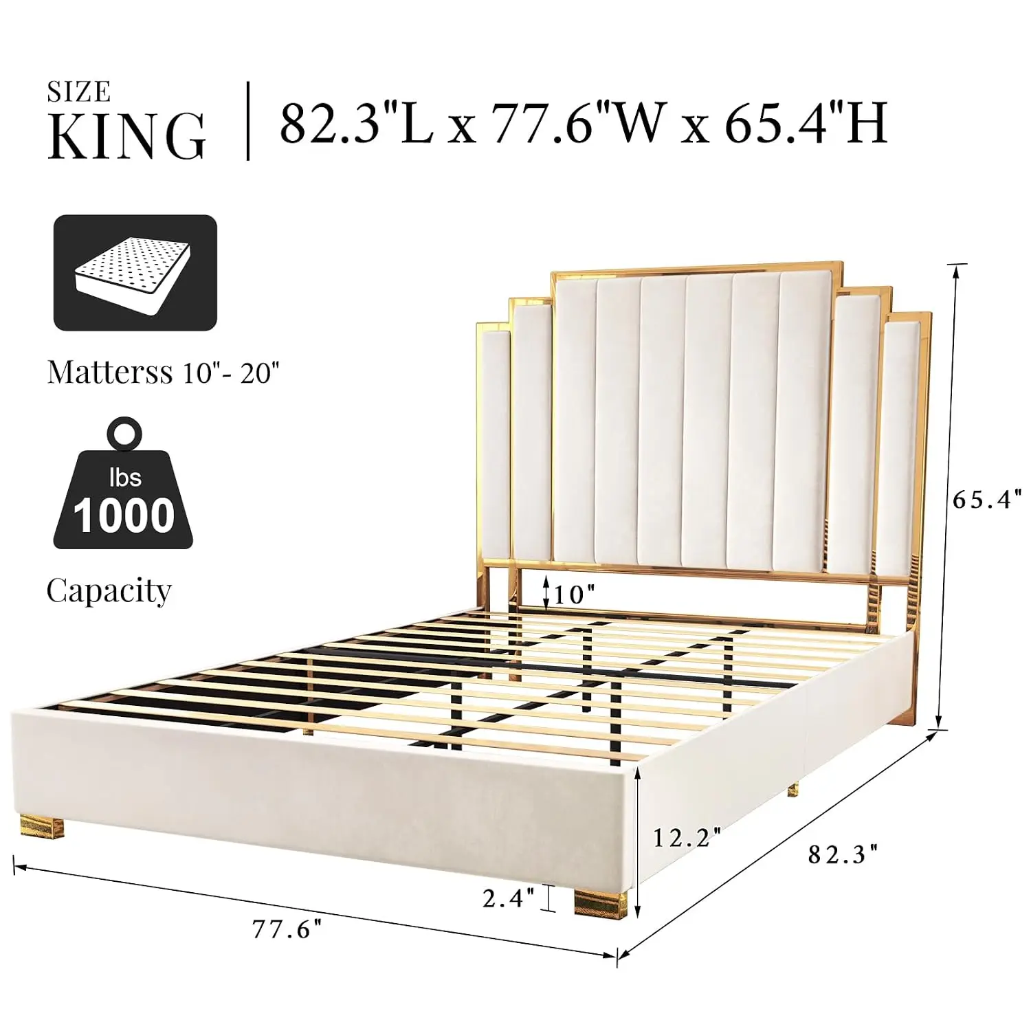 Velvet Upholstered King Platform Bed with Gold Trim Headboard, Wooden Slats Support, No Box Spring Needed, Cream, Customized
