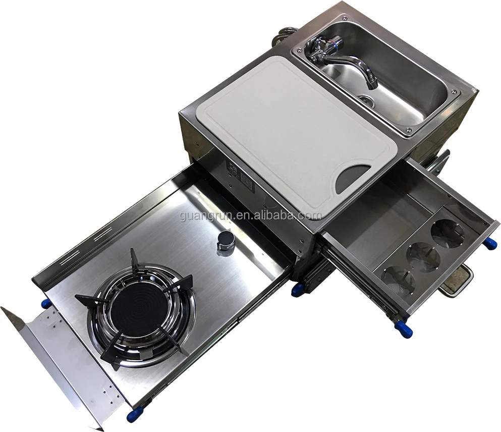 RV Caravan Kitchen Lightweight Stainless Steel Mini One Burner Gas Stove Integrated with Sink and Drawer for Vehicle Use GR-C001